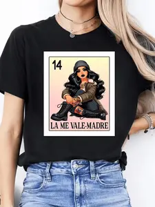 Casual Women's Cotton T-shirt Featuring Spanish Letter Print La Me Valé Madre Zodiac Sign Design Round Neck Short Sleeve and Medium Stretch