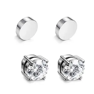 Stainless Steel Magnetic Stud Earrings Non-Piercing Bling Design Sleek Silver Finish Brick Magnet Unique Attractive Everyday Comfortable