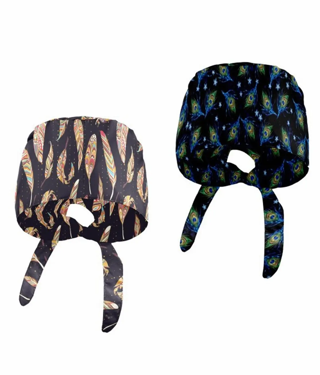 Working Cap Set, Adjustable Scrub Hat with Sweatband, Unisex Surgical Tie Back Hat for Professionals, Breathable Feather Print, Pack of 2