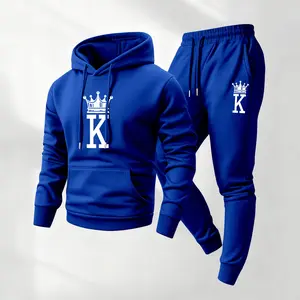 Men's K Logo Printed Hoodie and Drawstring Sweatpants Set, Menswear, Casual Athletic Long Sleeve Hooded Jacket & Trousers for Fall & Winter, Men's Clothing for Daily Wear, Sportswear Indoor Outdoor, Tracksuit, Athleisure Summer Clothes