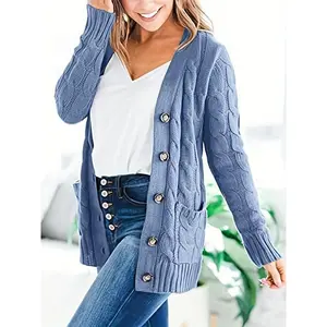 NewCozy Cable Knit Cardigan with Button Front - Warm Long Sleeve Casual Style for Autumn & Winter - Womens Fashion Essential Clothing