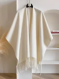 Solid Color Fringe Trim Shawl, Boho Style Scarf, Boho Style Warm Cape for All Seasons, Fashion Accessories for Women & Men