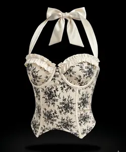 Women's Vintage-Inspired Floral Print Corset Top-Halter Neck Lace-Up Back