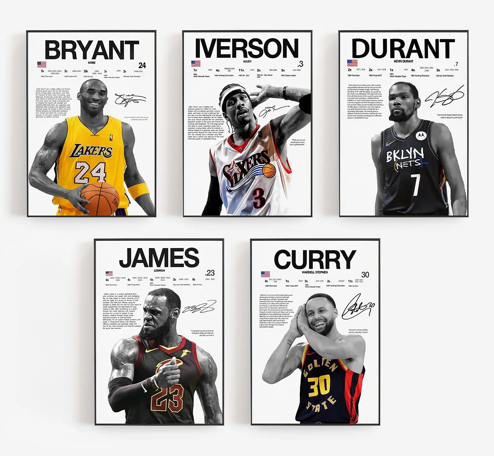 Basketball Iconic Stars Graphic Canvas Print Poster (Kobe, Iverson, LeBron, KD, Curry) - 1-Frame Metal/Wood Home Wall Decor, Boys Room Gift, Bedroom Accessory