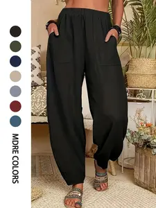 【Plus Size】 Solid Color Pocket Harem Pants, Casual Comfy Trousers for Daily Wear, Women's Bottoms for Summer, Casual Chic Trousers