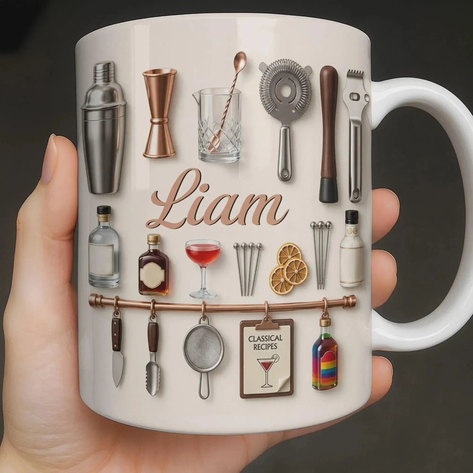 Personalized Bartender Faux 3D Effect Cocktail Tools Coffee Mug, Custom Name Mixologist Gift, Bar Lover Mug, Professional Bartending Cup