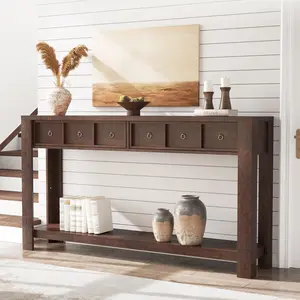 59 in Long Console Table, Wooden Entryway Table with 2 Drawers & Open Storage Shelf, Sofa Table Behind Couch, Farmhouse Entry Foyer Table for Entryway, Hallway, Living Room Maroon