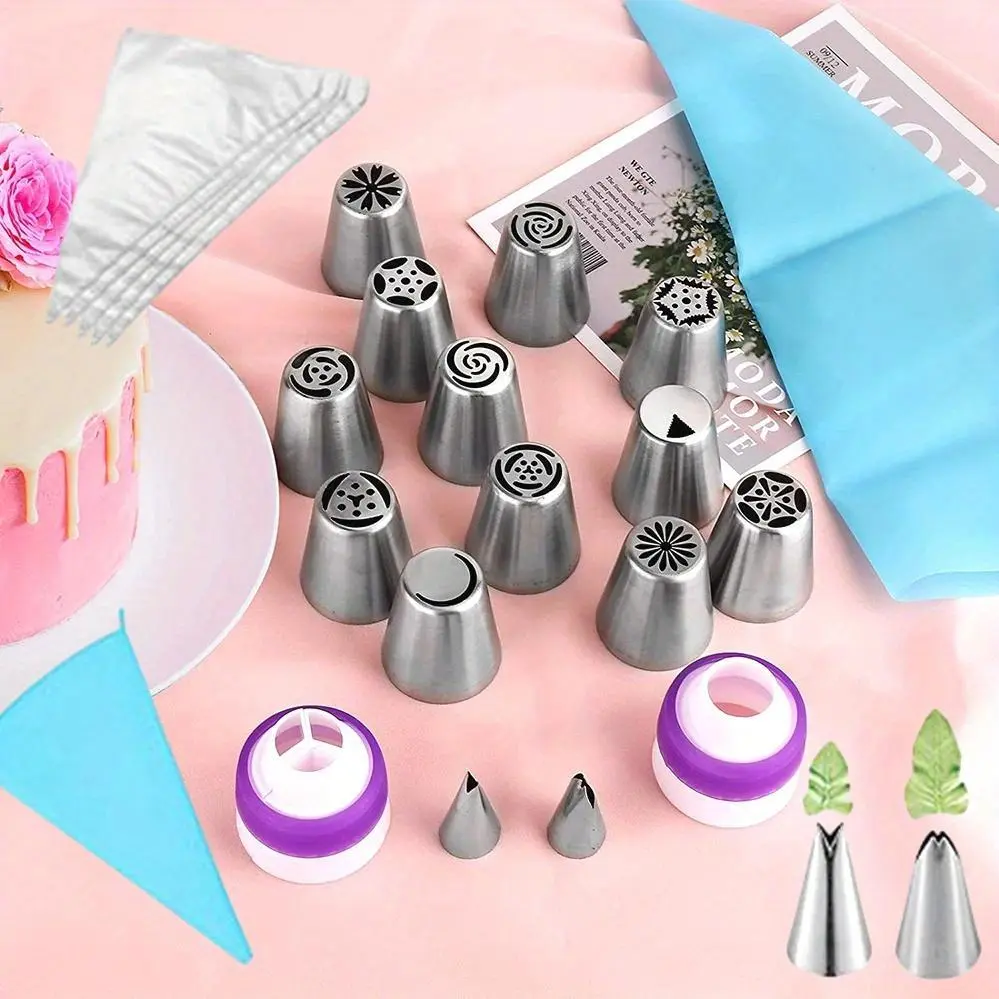 27Pcs/ Set Russian Frosting Piping Nozzle Set Stainless Steel Flower Cream Pastry Tips and Nozzles Bag Set Cupcake Cake Baking Tools Kitchen Utensils