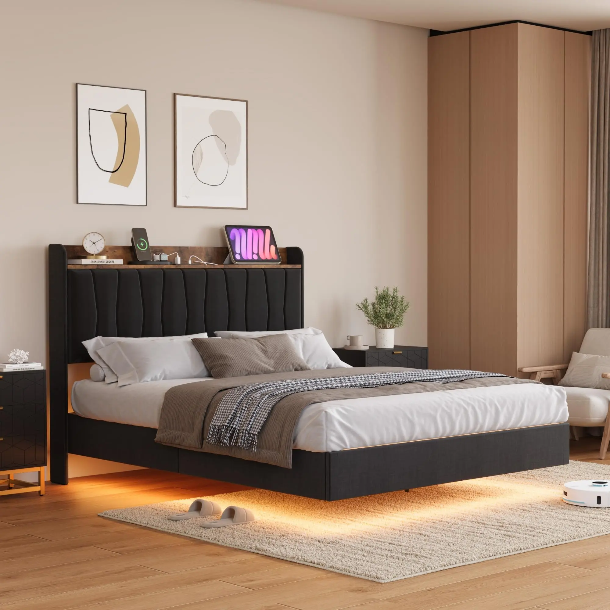 Garvee Floating Bed Frame Full with LED Lights & USB Charging Station – Modern Upholstered Platform Bed with Headboard, Solid Wood Slats Support, No Box Spring, Easy Assembly, Noise-Free, Black