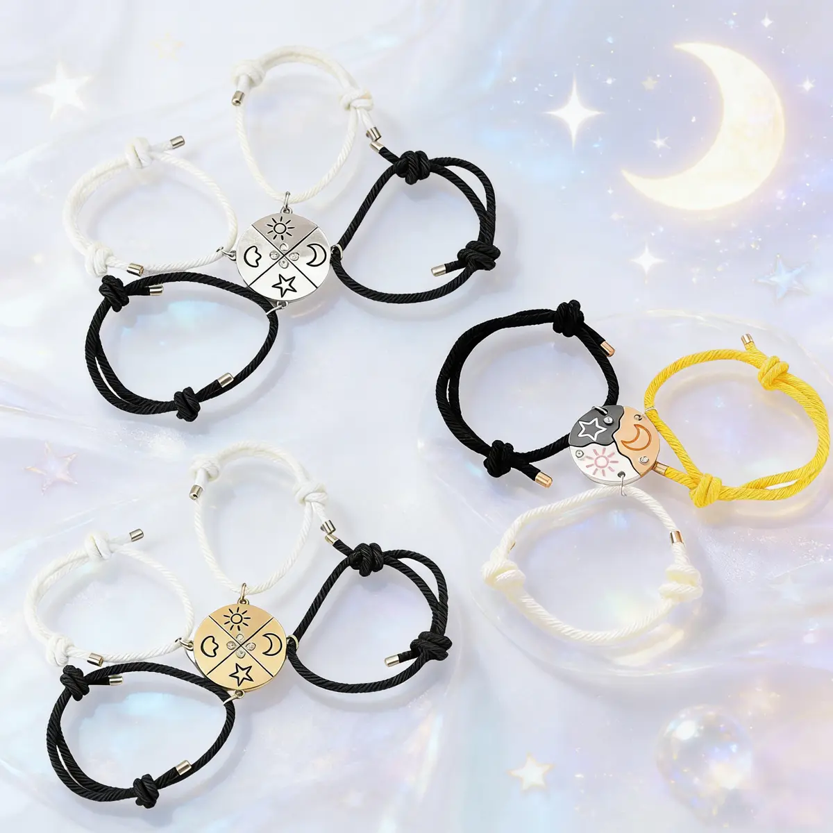 3/4Pcs Synthetic Magnetic Sun Moon Star Pendant Bracelet Set - 20cm Adjustable Geometric Layered Bracelet Set, BFF Birthday Gift Ideas for Girls