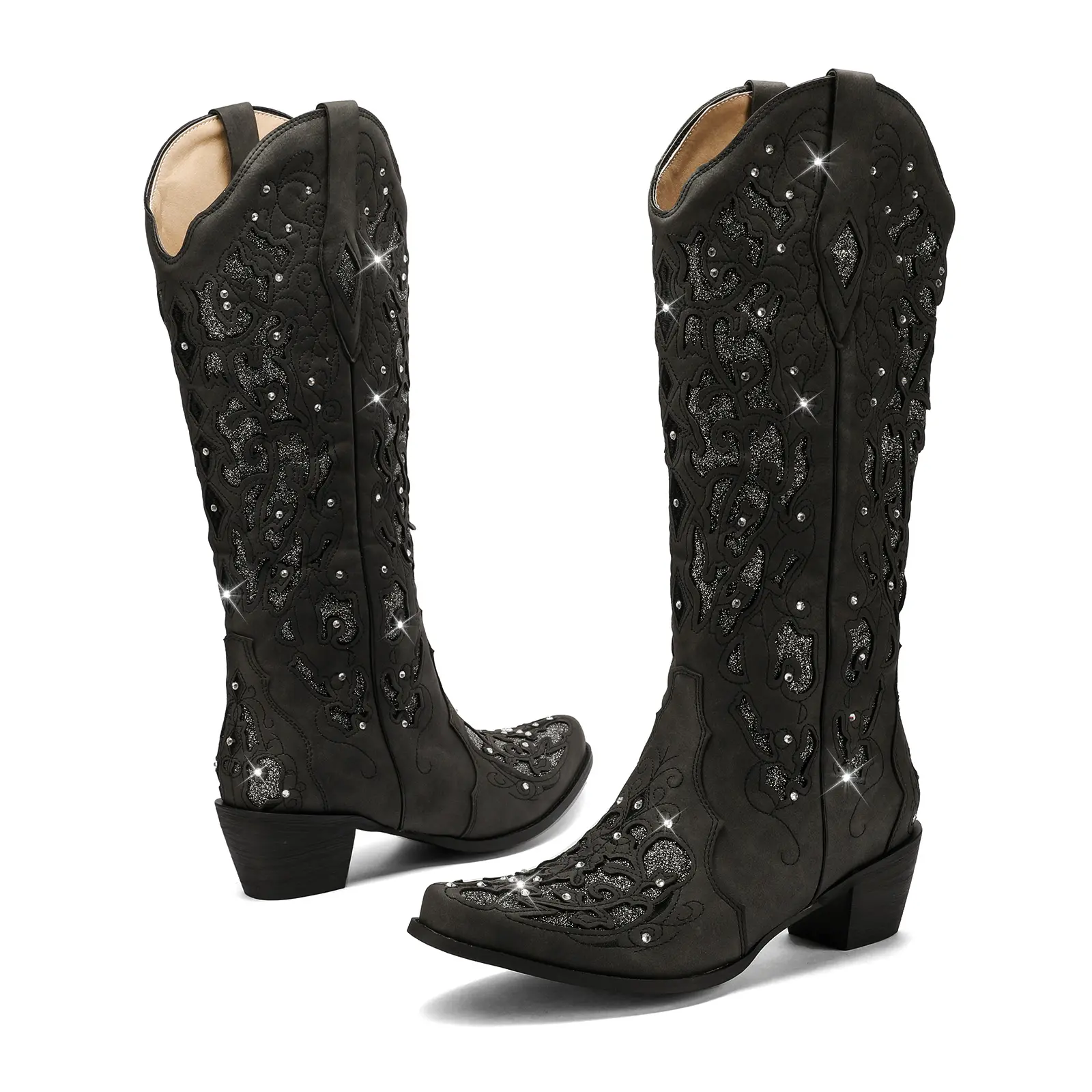 Trendy Western Cowboy Boots Women | Glitter Rhinestone Chunky Heel Dress Boots Trendy Western Cowboy Boots Women | Glitter Rhinestone Chunky Heel Dress Boots