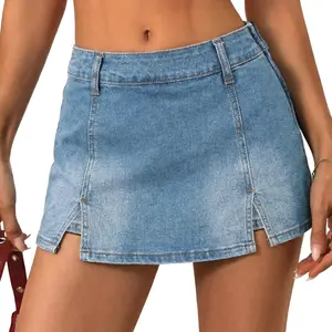 EMMIOL Denim Mini Skirt for Women - Mid-Low Waisted Stretch Side Zipper Skort Y2k Casual Jean Skirts with Shorts Underneath