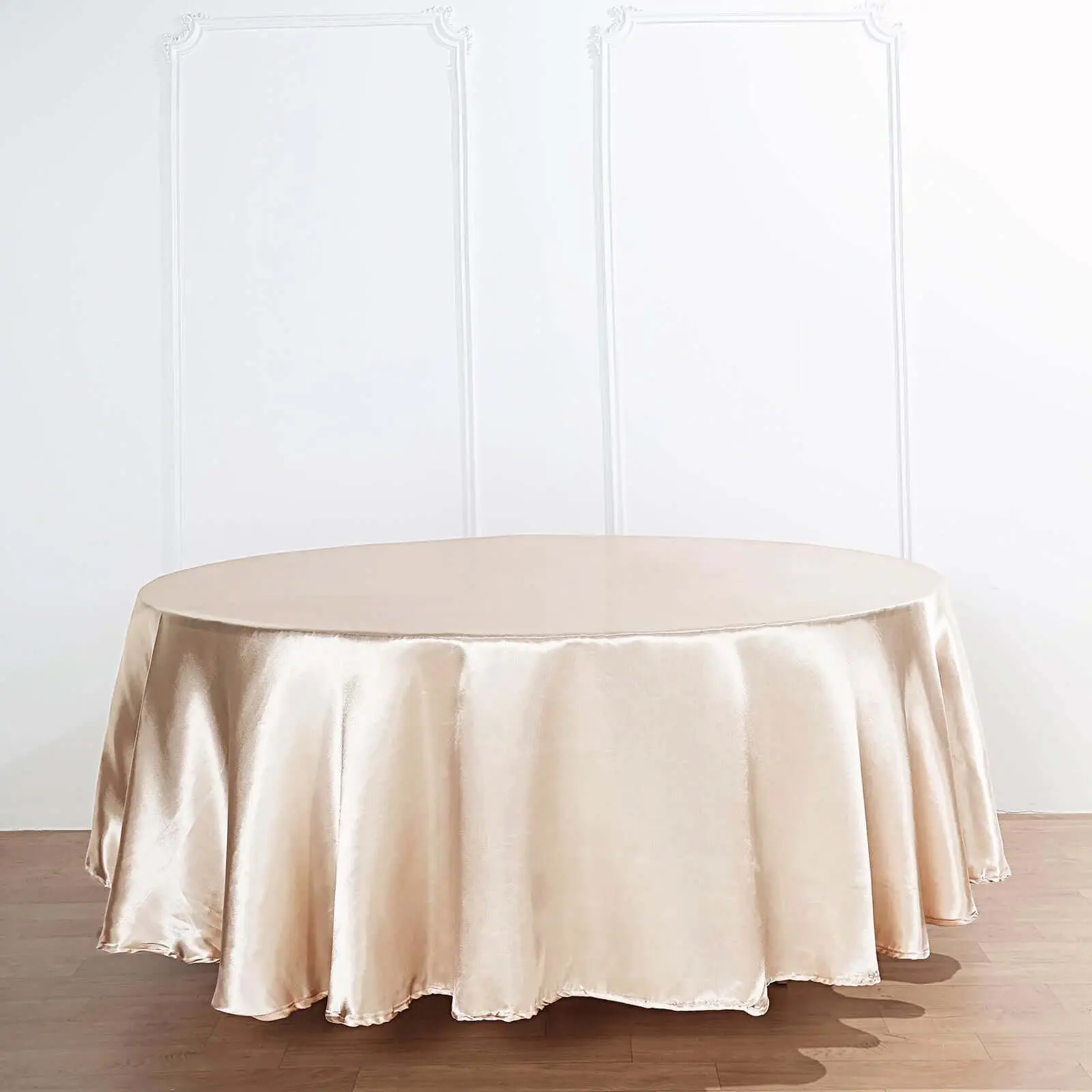 108" Beige Smooth Satin Round Tablecloth - Durable Household Kitchen Linen Cover for Weddings, Photography Decoration, Happy Birthday Ideas, Machine-Washable, Restaurants