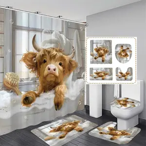 Scottish Highland Cow Print Shower Curtain Set, Hanging Modern Bathroom Decor, No-Drill Partition, Includes 12 Hooks, Perfect Gift
