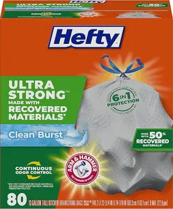 Hefty Ultra Strong Made with 50% Recovered Materials* Tall Kitchen Trash Bags, Gray, Clean Burst, 13 Gallon, 80 Count