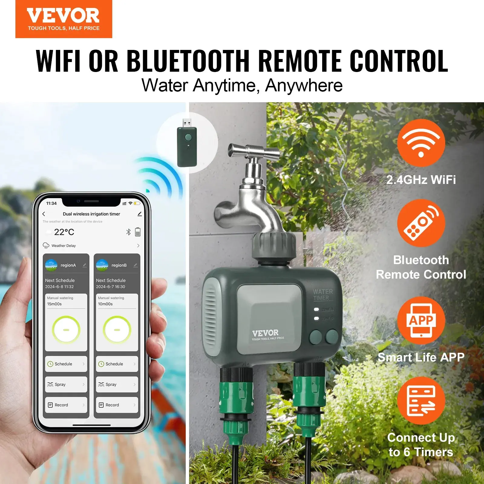 VEVOR Sprinkler Timer WiFi Water Timer, 1/2 Outlets, Smart Hose Faucet Water Timer with Brass Inlet, APP Remote Control via 2.4Ghz WiFi or Bluetooth, Voice Control, IPX6 for Garden, Yard Watering