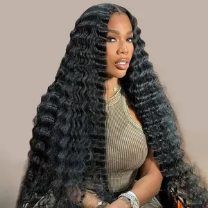 34 36 Inch Deep Wave 13x6 13x4 Lace Front Human Hair Wig 180Density Water Wave 13x6 HD Transparent Lace Frontal Wig Human Hair For Women