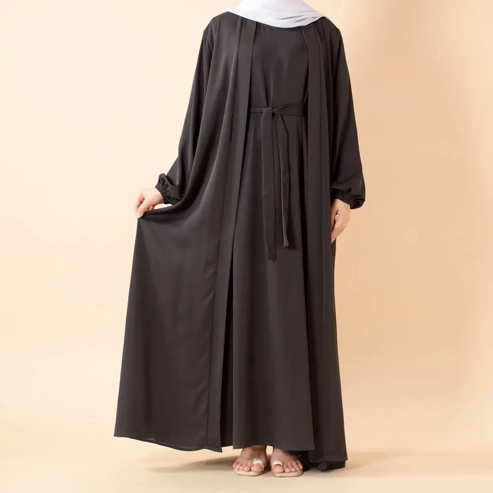 Women's 3-Piece Abaya Set in Textured Nida Zoom Fabric, Open Front Loose Abaya with Inner Dress & Pockets, Lightweight Modest Muslim Outfits, Modesty Abaya
