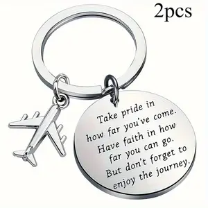 2psc Round Stainless Steel Keychain - Airplane Shaped Crew Member Keepsake - Pilot Gift, Flight Attendant Graduation Present