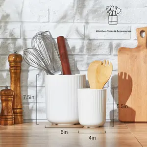 Ceramic Utensil Holders Set - 2 Large Kitchen Countertop Organizers, 7.5"+5.5", Modern Design for Spatulas, White - Tableware, Cutlery
