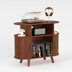 GARVEE Mid-Century Modern Round Record Player Stand – Integrated Charging Station & USB Ports – Holds 300+ Vinyl Records – Arched Wood Table with Open Shelves – Stylish Turntable & Media Console – Perfect for Living Room, Music Lover's Corner