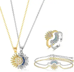 Sun Moon Matching Jewelry Set for Couples Adjustable Matching Sun and Moon Magnetic Necklace Magnetic Bracelet Ring Set Couple Jewelry Gifts for Him and Her, Party, Love & Back to School