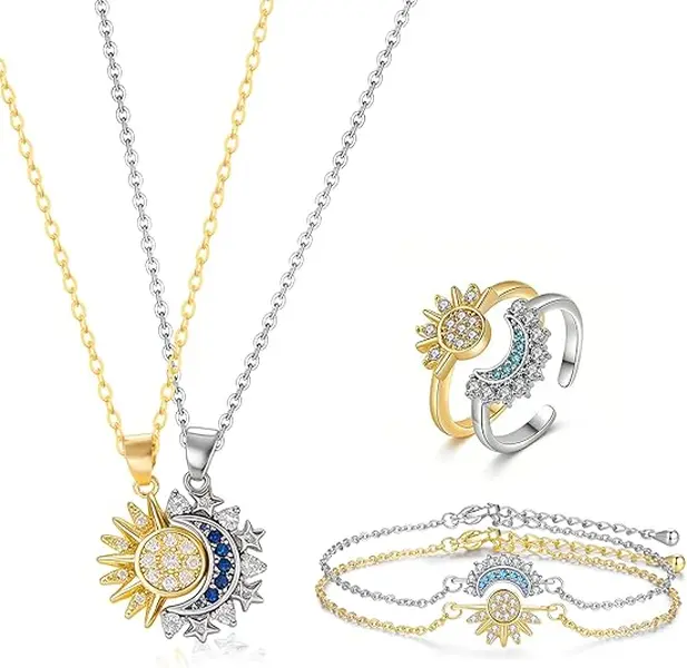 Sun Moon Matching Jewelry Set for Couples Adjustable Matching Sun and Moon Magnetic Necklace Magnetic Bracelet Ring Set Couple Jewelry Gifts for Him and Her, Party, Love & Back to School