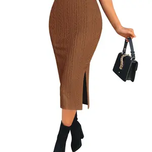 ZEAGOO Womens Knit Midi Skirts Casual Pencil Skirt High Waisted Long Skirts with Slit Elegant Work Office Skirts