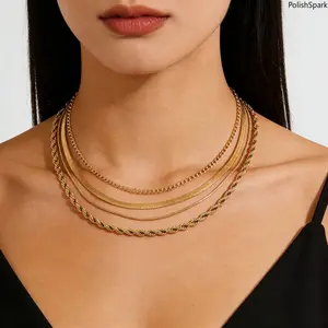 Women's 4-Pcs Layered Chain Necklaces - Gold-Silver Mixed Cuban, Snake, Rope Chains - Stackable Sports & Outdoor Accessories for Summer Vibes, Necklace