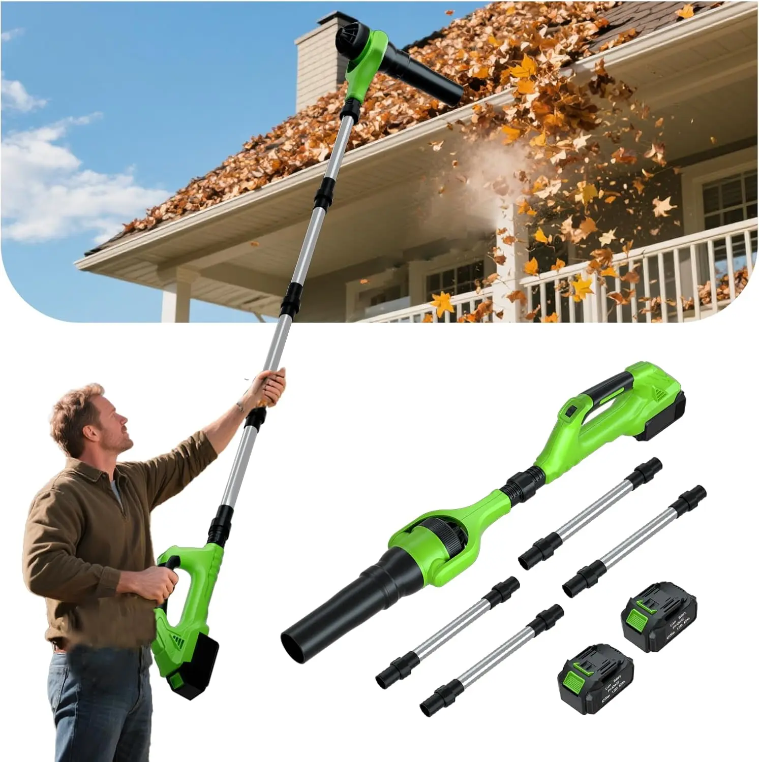 Roof Gutter Cleaning from The Ground, 40V Leaf Blowers Cordless with 2 Battery, Adjustable Pole (98inch)3 Speed Modes 500CFM/180MPH for Gutter Cleaner Extension Attachment Kit for Garden,House