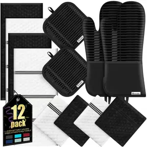 Oven Mitts Kitchen Towels and Dishcloths with Pot Holders Sets, Oven Gloves Hot Pads 500 ° F Heat Resistant with Silicone Grip, Include 2 Cooking Gloves/2 Potholders/4 Kitchen Towels/4 Dish Towels Kitchenware Home