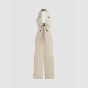 Cider [size 2-10] Linen-blend Halter Solid Knotted Shirred Jumpsuit