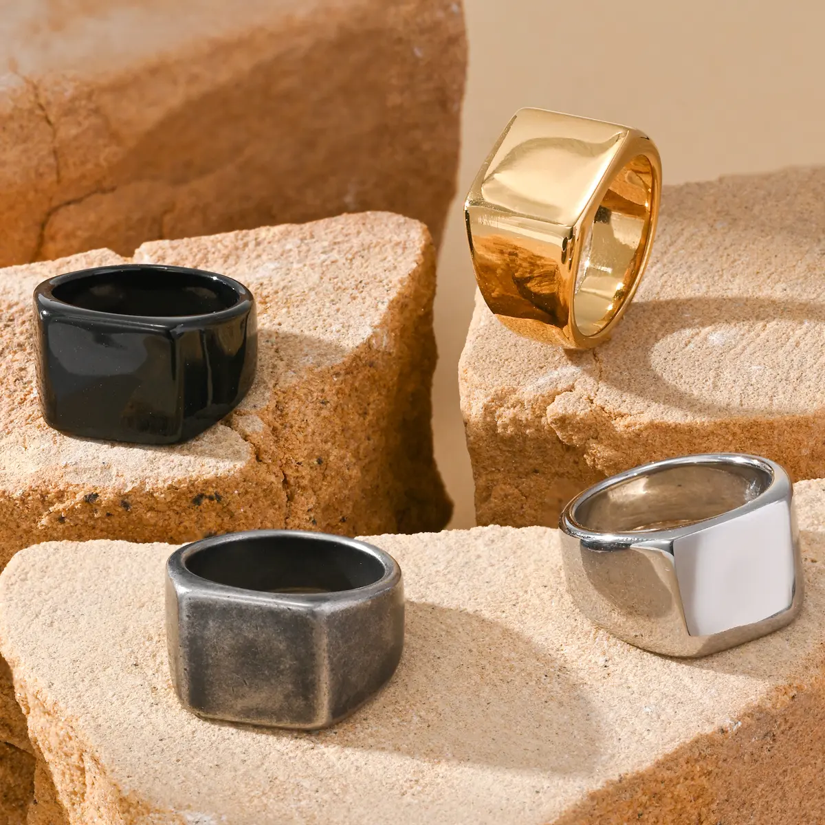 Gentleman’s Geometric Square Shaped Gold-Plated Stainless Steel Ring, Stackable Geometric Rings, Fashion Costume Jewelry Accessory for Daily Casual Wear, Sizes 8-11, Square Shaped Ring