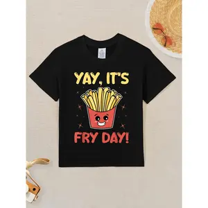Kids' Funny French Fries Graphic T-Shirt - Yay It's Fry Day! Black Casual Streetwear Tee with Cartoon Fries & Stars Design, Machine Washable Spring/Summer Top for Boys & Girls, Cute French Fries, Spring Kids Apparel, Playful Kids Design, Comfortable Kids
