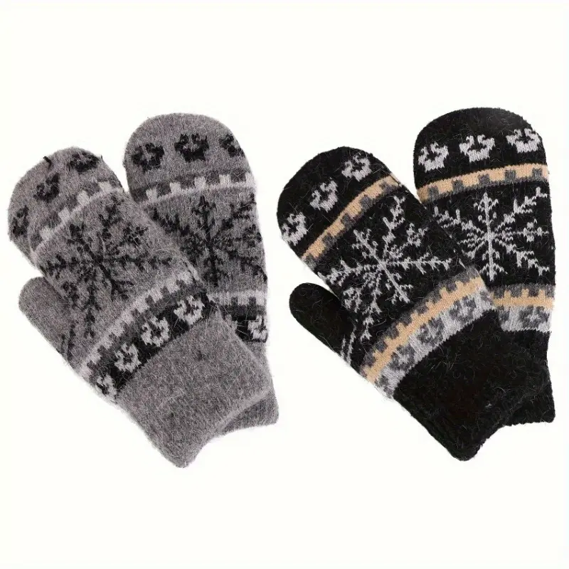 Women's Snowflake Knit Wool Mittens with Warm Rabbit Hair Lining, Stretchy to Keep Warm for Winter Wear, Female, Casual, Hand Wash, Casual Knit, Stretchy Mitts