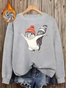 Women's Fall Winter Round Neck Long Sleeves Faux Fur Top, Cute Squirrel Print Hooded Sweater, Soft Comfortable Casual Daily Wear