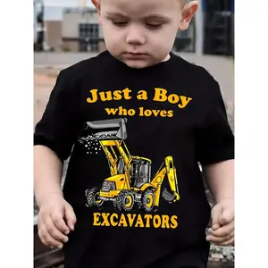 Boy Excavator Printed Cute T-shirt Clothing Casual round Neck Short Sleeves Comfortable Outdoor Equipment Children