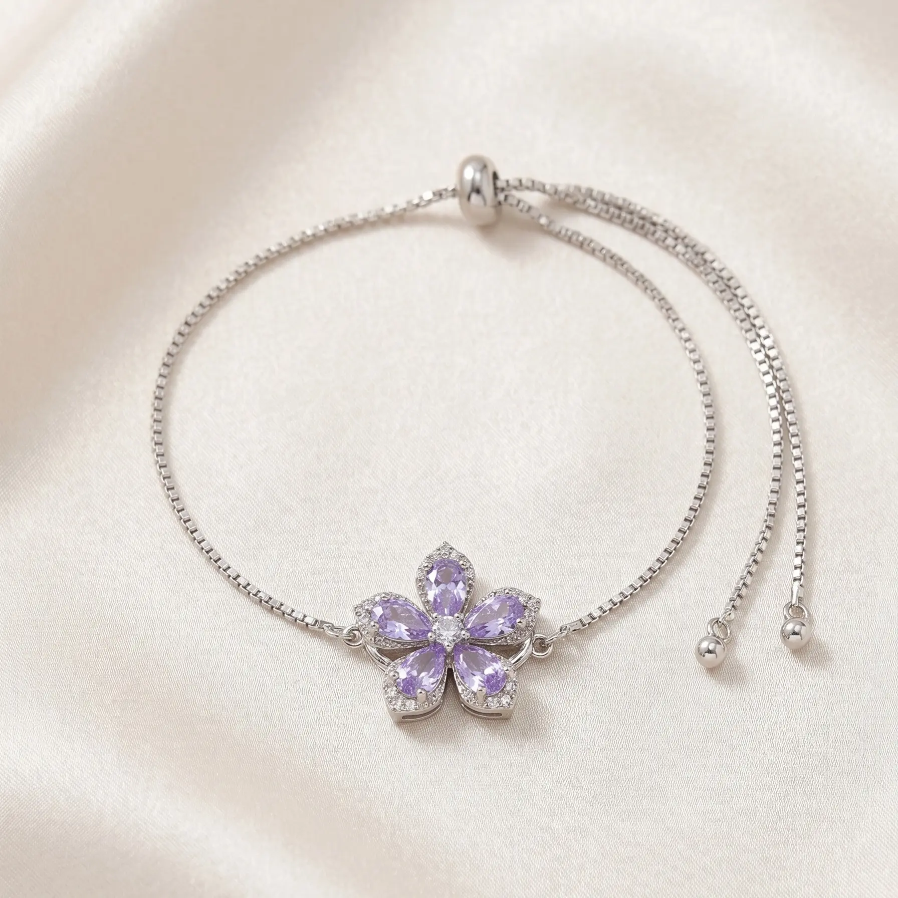 Adjustable Purple Floral Slider Charm Bracelet - Elegant Sparkly Layering Chain Jewelry, 14-20cm Versatile Size, Charm Bracelets, Jewelry for Women, Accessories for Women, Gifts for Her, GF Gift, Gifts For Women