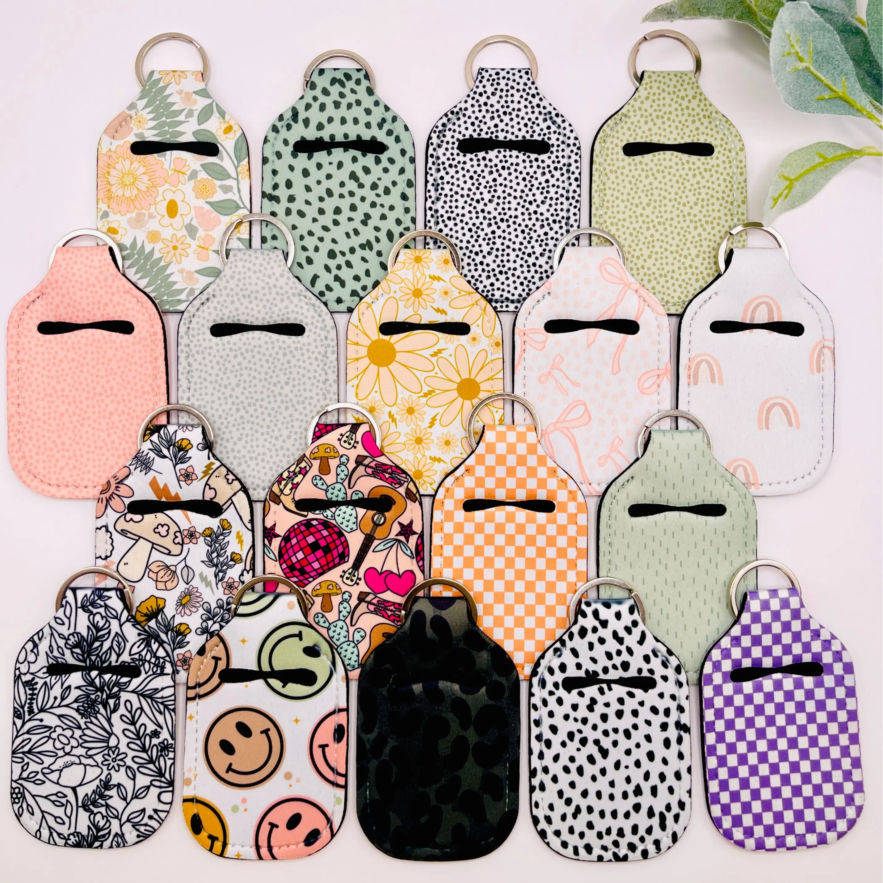 Hand Sanitizer Holder Keychain Accessory | Neoprene | Boho Hand sanitizer | Retro | Happy Face Floral Design | Girl Bestie Gift