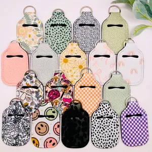 Hand Sanitizer Holder Keychain Accessory | Neoprene | Boho Hand sanitizer | Retro | Happy Face Floral Design | Girl Bestie Gift