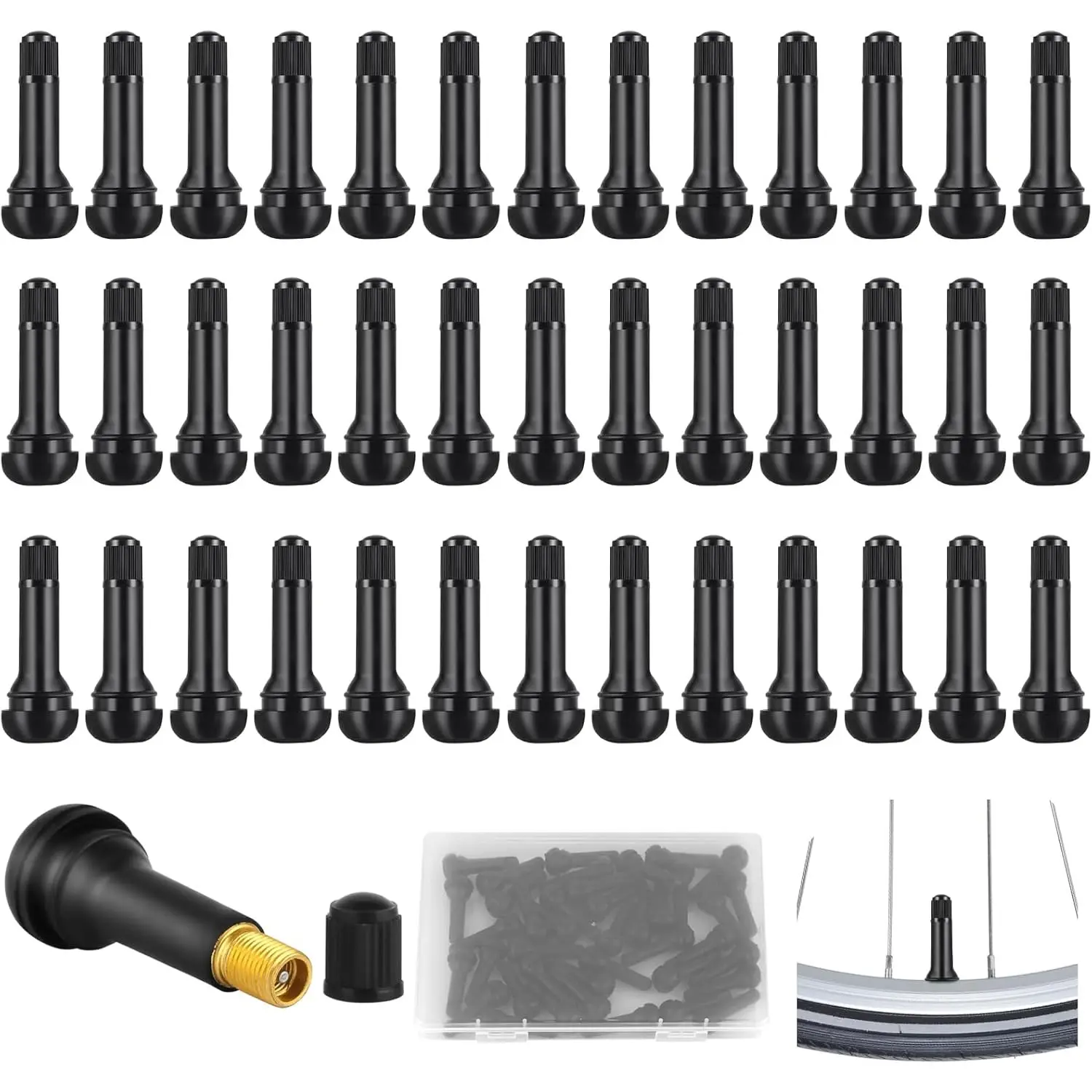 40 Pcs Tubeless Rubber Snap-In Tire Valve Stems with Storage Box,TR414 High Air Tightness Valve Stems for Car Truck Motorcycle,Halloween Christmas Fathersdaygift,Hand Tools Kits