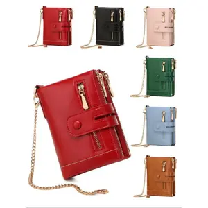 Solid Color Bifold Zipper Wallet with Chain Wristlet PU Leather Coin Purse Anti Theft Secure Design Daily Use for Men Women