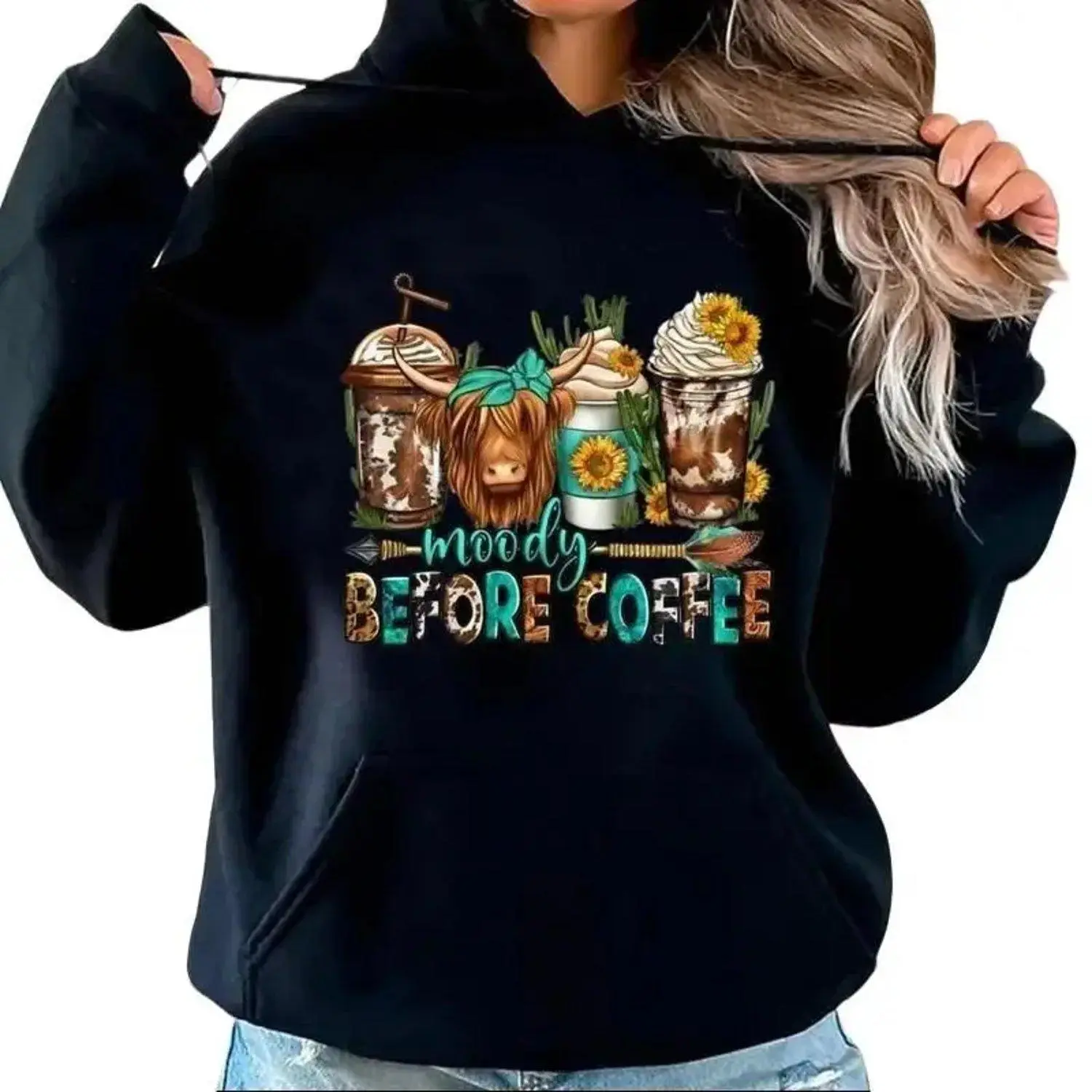 Highland Cow Moody Before Coffee Graphic Hoodie Sweatshirt Cow Lover Gifts Casual Trendy Pullover Relaxed Fit Streetwear Apparel
