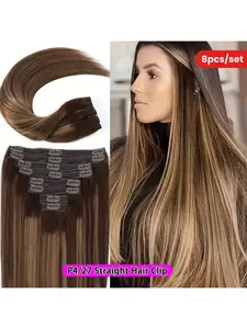 120G 8pcs/Set Straight Clip In Hair Extensions 100% Real Human Hair #4/27 Brown Highlights Blonde Clip In Remy Human Hair Extension Clip On Hairpieces for Women