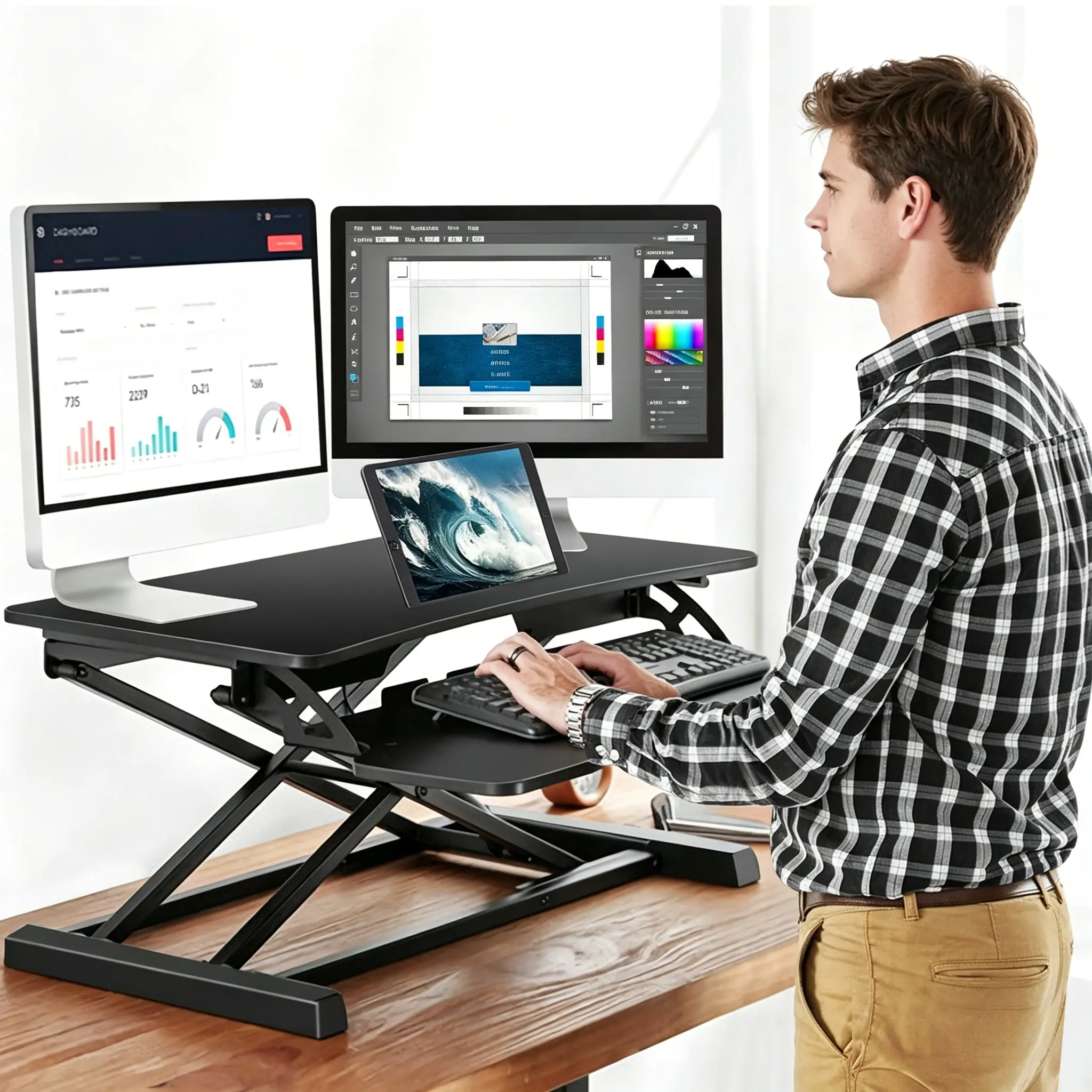 Ergonomic Home Office Height-Adjustable Sit-to-Stand Dual Monitor Riser Desk Extender with Keyboard Tray, Office Accessories for Organization, 5.12in-20.08in Adjustment, 31.3x15.36in Surface, 44lbs Max Load, Suitable for Balcony, Bedroom, Living Room, Adj