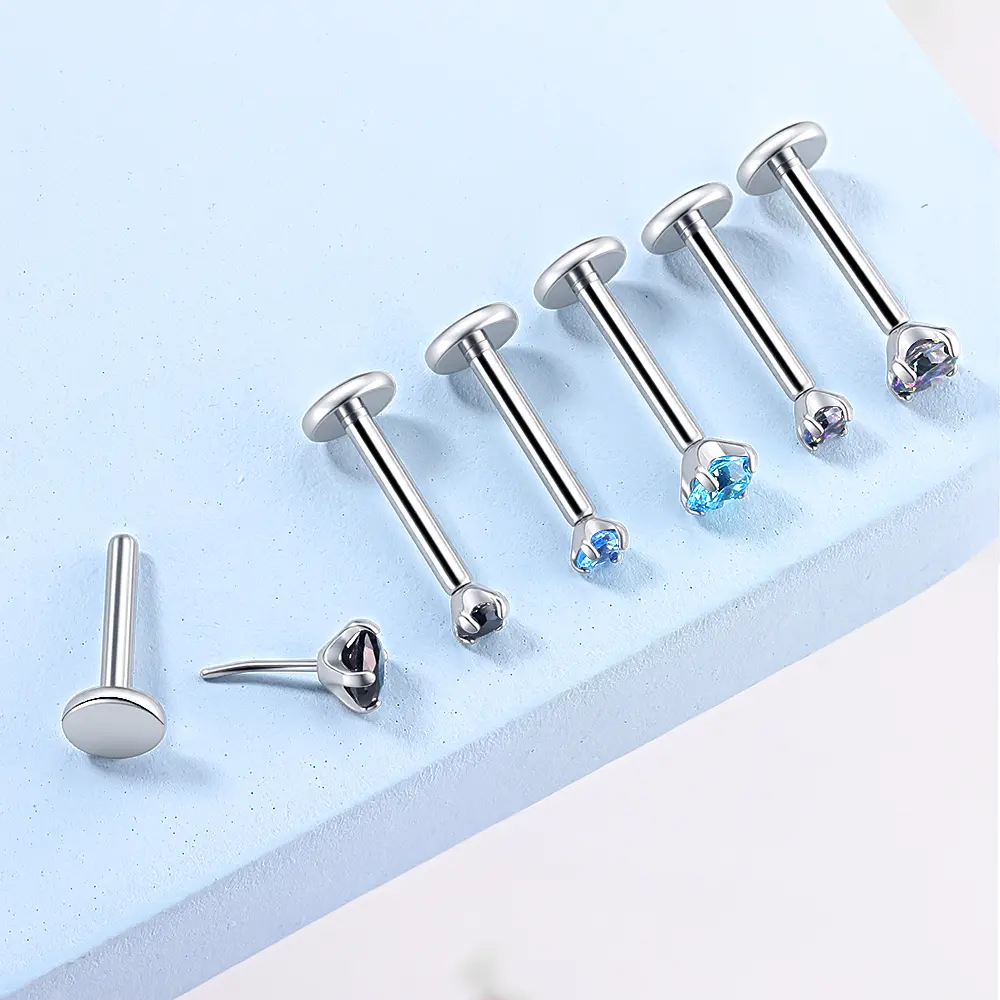 BODY FREEDOM 16G Titanium Flat Back Push Pin Labret Earring with Cubic Zirconia, Basic Casual Body Jewelry for Lip, Nose, Helix Piercings, Lightweight Comfortable Everyday Wear, Side Labret Piercing Jewelry, Lip Stud Piercing Jewelry