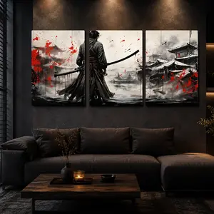 Wooden Framed Canvas Painting, 3 Counts/set Natural Landscape & Samurai Pattern Wall Art, Modern Art Wall Decor for Home Living Room Bedroom Office, Modern Home Decoration