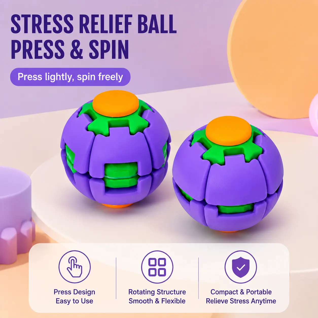 Rotating Fidget Ball 3D Printed, Press-to-Spin Fidget Sphere, Auto Rotating Hand Spinner, Stress Relief Sensory Toy for Kids & Adults, Pocket Desk Toy