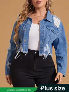 Plus Size Women's Ripped Light Wash Denim Jacket Coat, Casual Chic Fashion Vintage Long Sleeve Outerwear with Pockets, Spring & Fall Street Style Jeans Jacket for Ladies, Womenswear