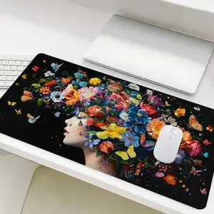 Abstract Flower Girl Pattern Mouse Pad, Large Gaming Mouse Pad, Office Desk Accessories, Cute Desk Accessories, Non-slip Rubber Base Stitched Edge Desk Pad for Laptop Desktop, Gaming Desk Accessory
